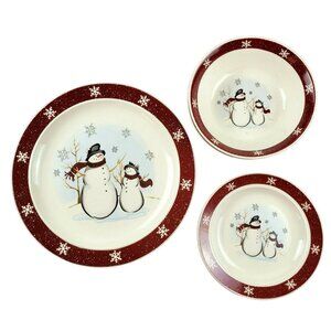 Snowman Dinner Set Snowflakes Christams Plates and Bowls Cranberry Edge JH183414